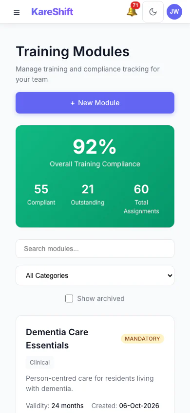 Training Modules: Mandatory and optional training, overall compliance and who is due. (mobile view)
