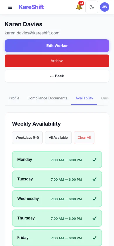Worker Availability: A worker's weekly availability grid. (mobile view)