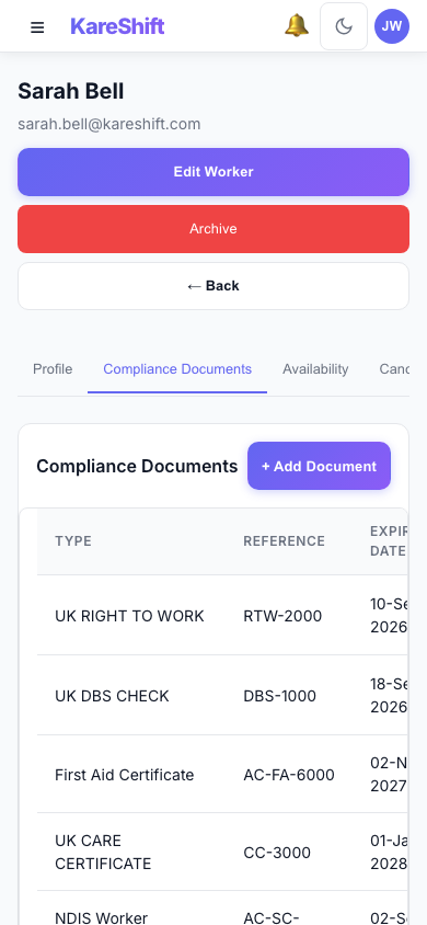 Worker Compliance — DBS check, Care Certificate and Right to Work tracking — mobile view