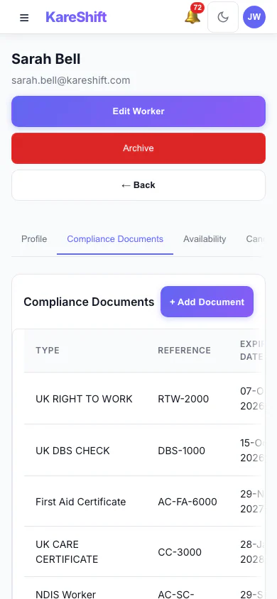 Worker Compliance — document tracking with expiry alerts — mobile view