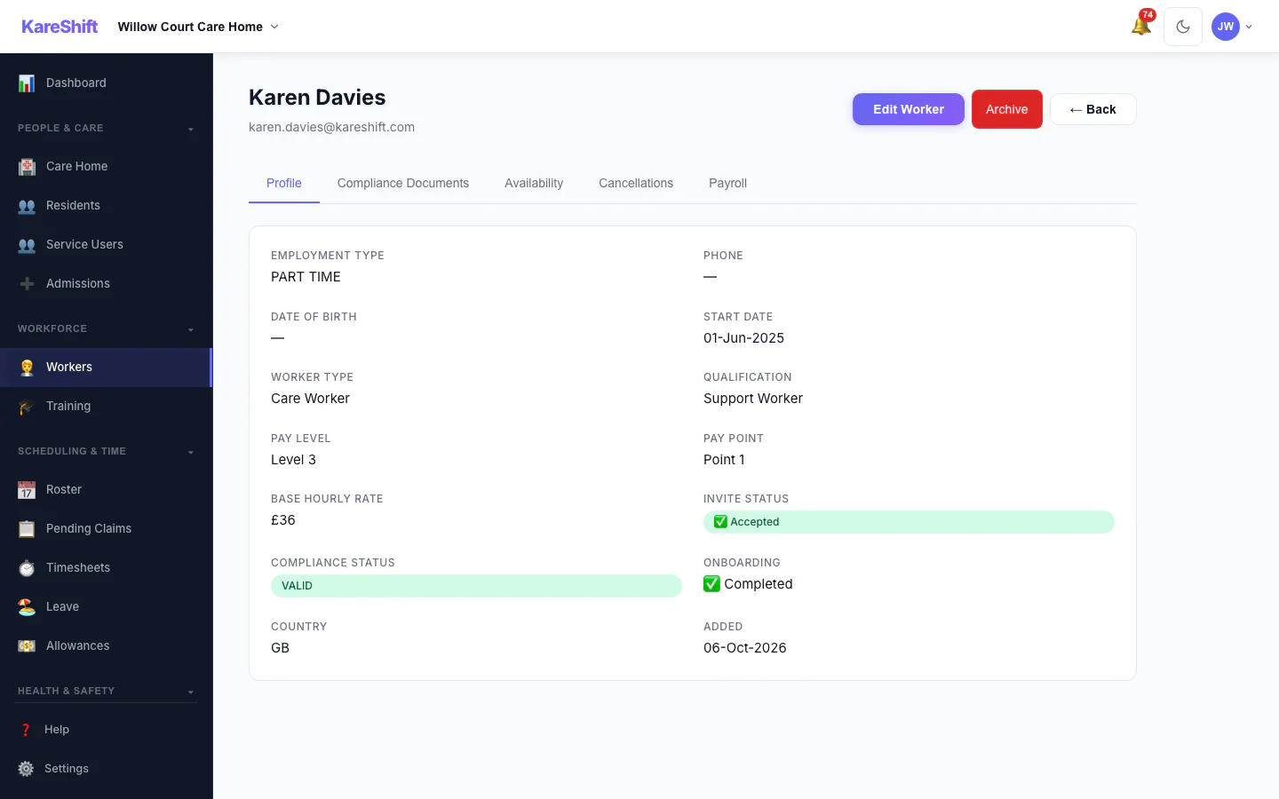 Worker Profile: A worker's profile and details.