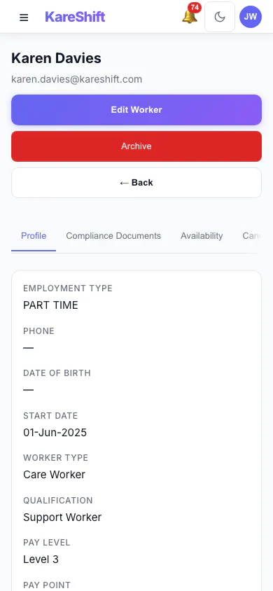 Worker Profile: A worker's profile and details. (mobile view)