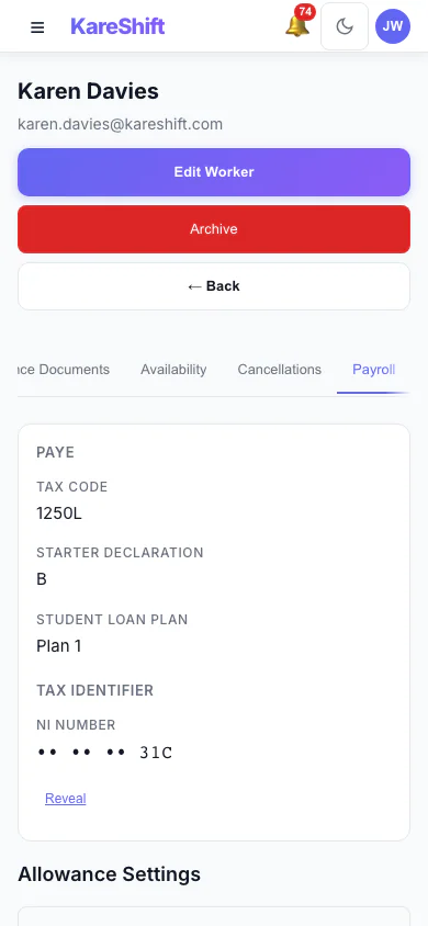 Worker Payroll Details: Payroll details and allowance settings for a worker. (mobile view)