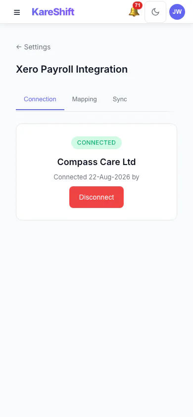 Xero Connection: Connect your Xero organisation once. (mobile view)