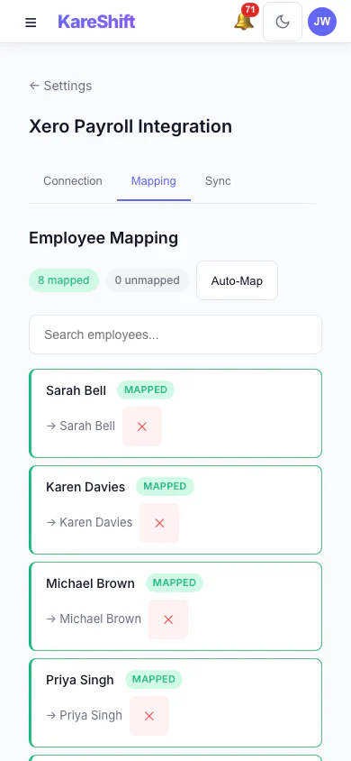 Xero Pay-Item Mapping: Map KareShift pay categories to your Xero earnings rates. (mobile view)