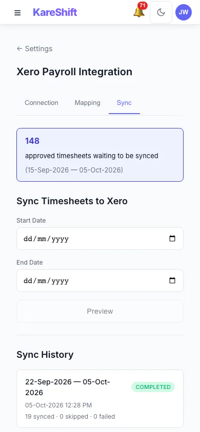 Xero Sync History: Past syncs with what succeeded and what failed. (mobile view)