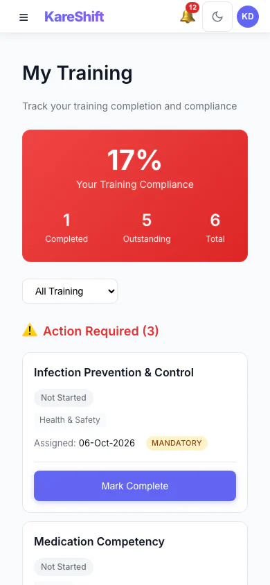 My Training: A worker sees the training assigned to them and what is complete. (mobile view)