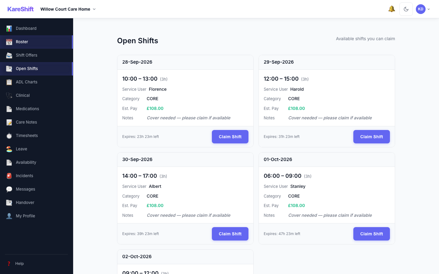 Open Shift Board — claimable vacant shifts with pay estimate and expiry