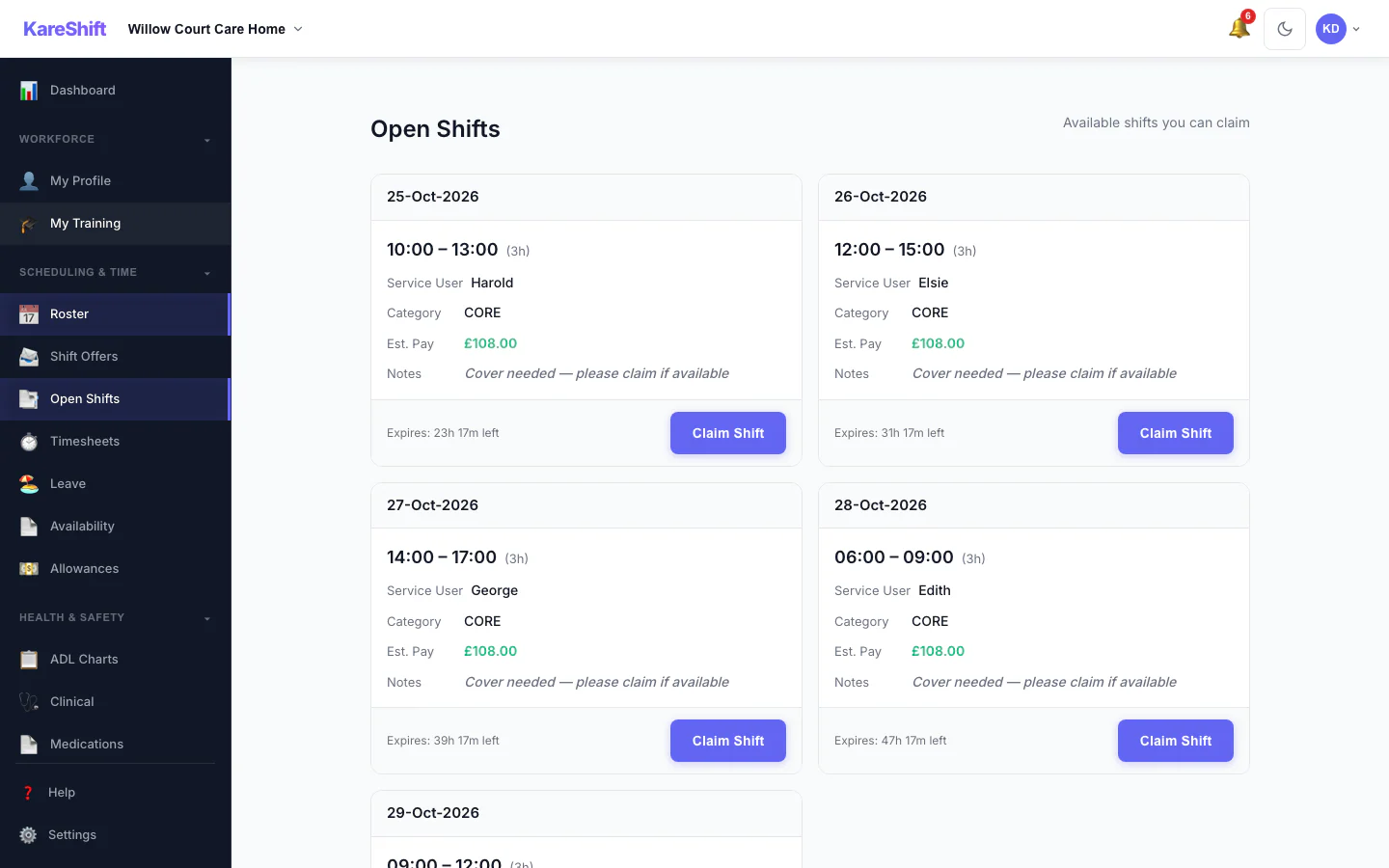 Open Shift Board — claimable vacant shifts with pay estimate and expiry