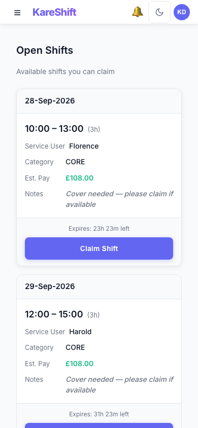 Open Shift Board — claimable vacant shifts with pay estimate and expiry — mobile view
