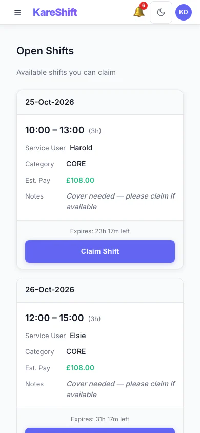 Open Shift Board — claimable vacant shifts with pay estimate and expiry — mobile view