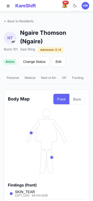 Body Map — Front: Mark skin findings on the front of the body and see them in the resident's record. (mobile view)