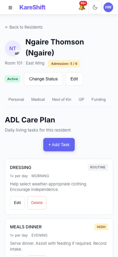 Resident Care Plan: The care plan for a resident, in the same record as everything else. (mobile view)
