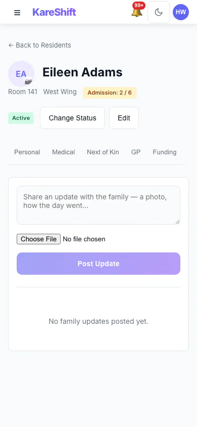 Family Updates: Post an update to the family and see what has already been shared. (mobile view)
