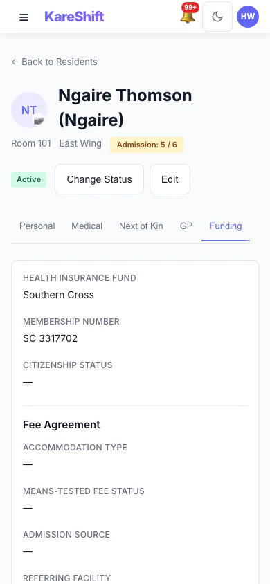 Resident Funding: Funding and fee details held on the resident's record. (mobile view)