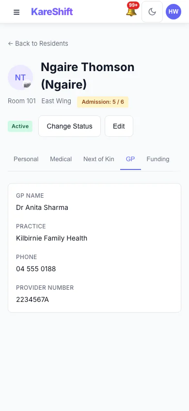 Resident GP Details: The resident's GP and contact details. (mobile view)