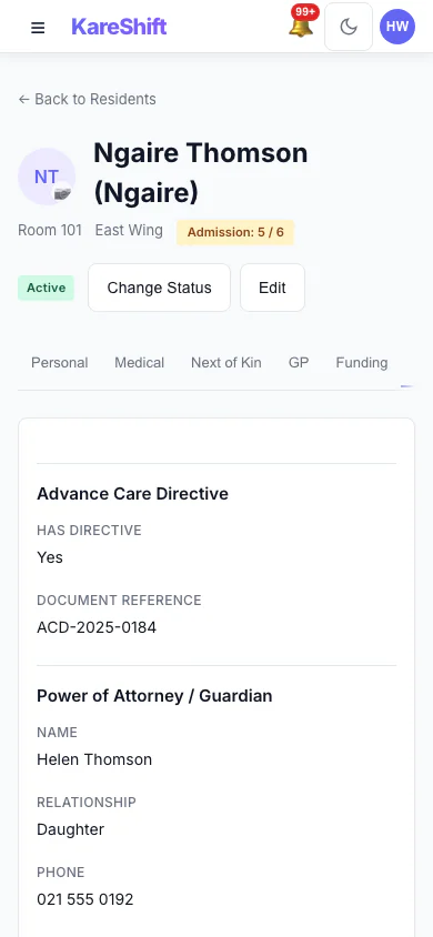 Resident Legal Documents: Advance care directive and power of attorney recorded for the resident. (mobile view)