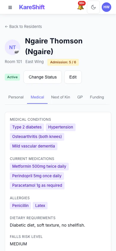 Resident Medical Profile: Conditions, medications, allergies and falls risk. (mobile view)