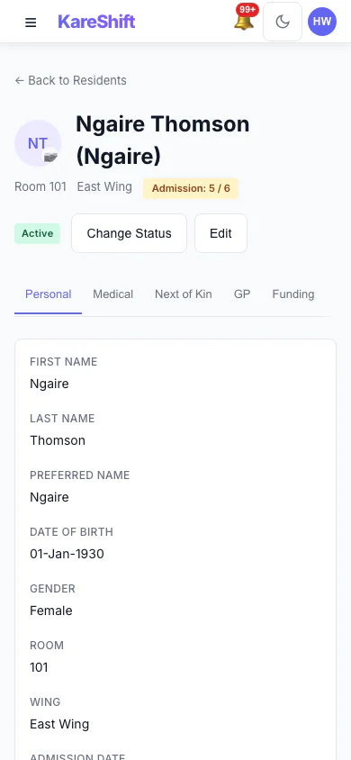 Resident Personal Details: The resident's personal details and room. (mobile view)