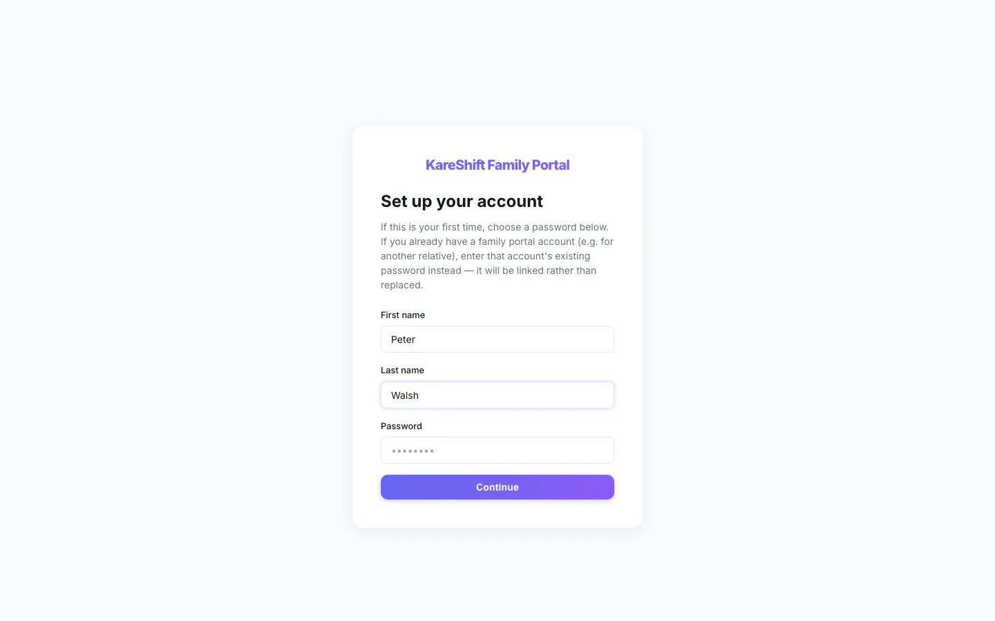 Family Portal — Accept Invitation: A relative accepts an invitation with a name and a password.
