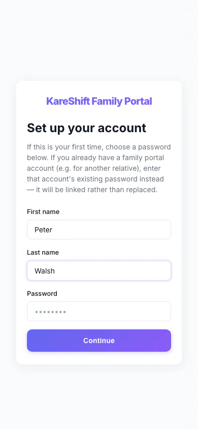 Family Portal — Accept Invitation: A relative accepts an invitation with a name and a password. (mobile view)