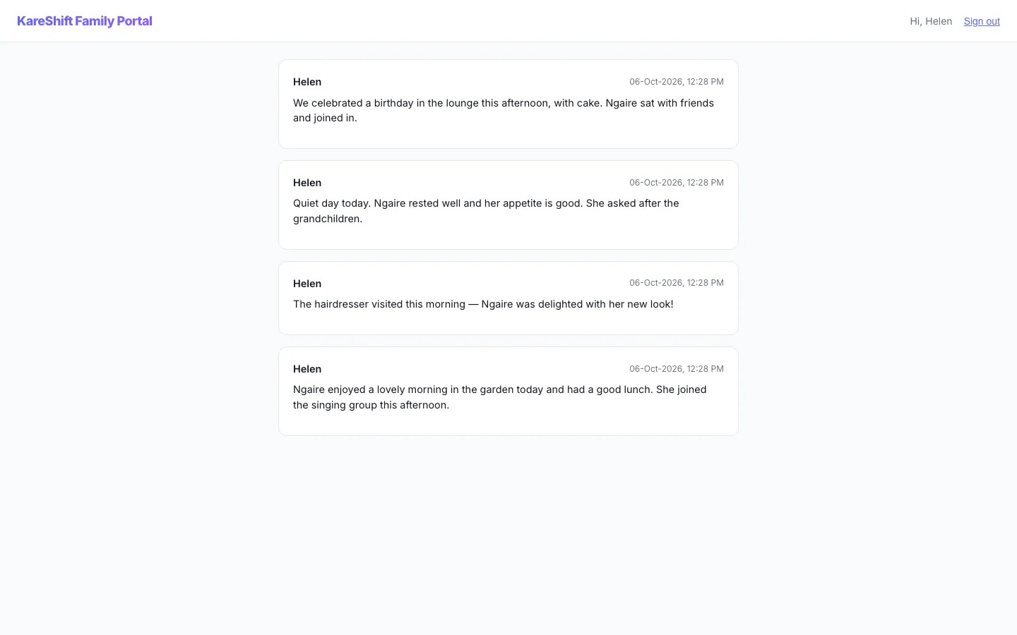 Family Portal — Updates: A relative's private feed of staff-written updates about their family member.
