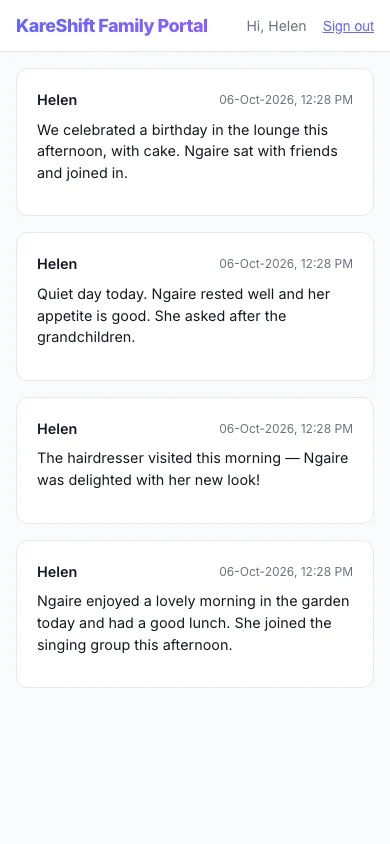 Family Portal — Updates: A relative's private feed of staff-written updates about their family member. (mobile view)