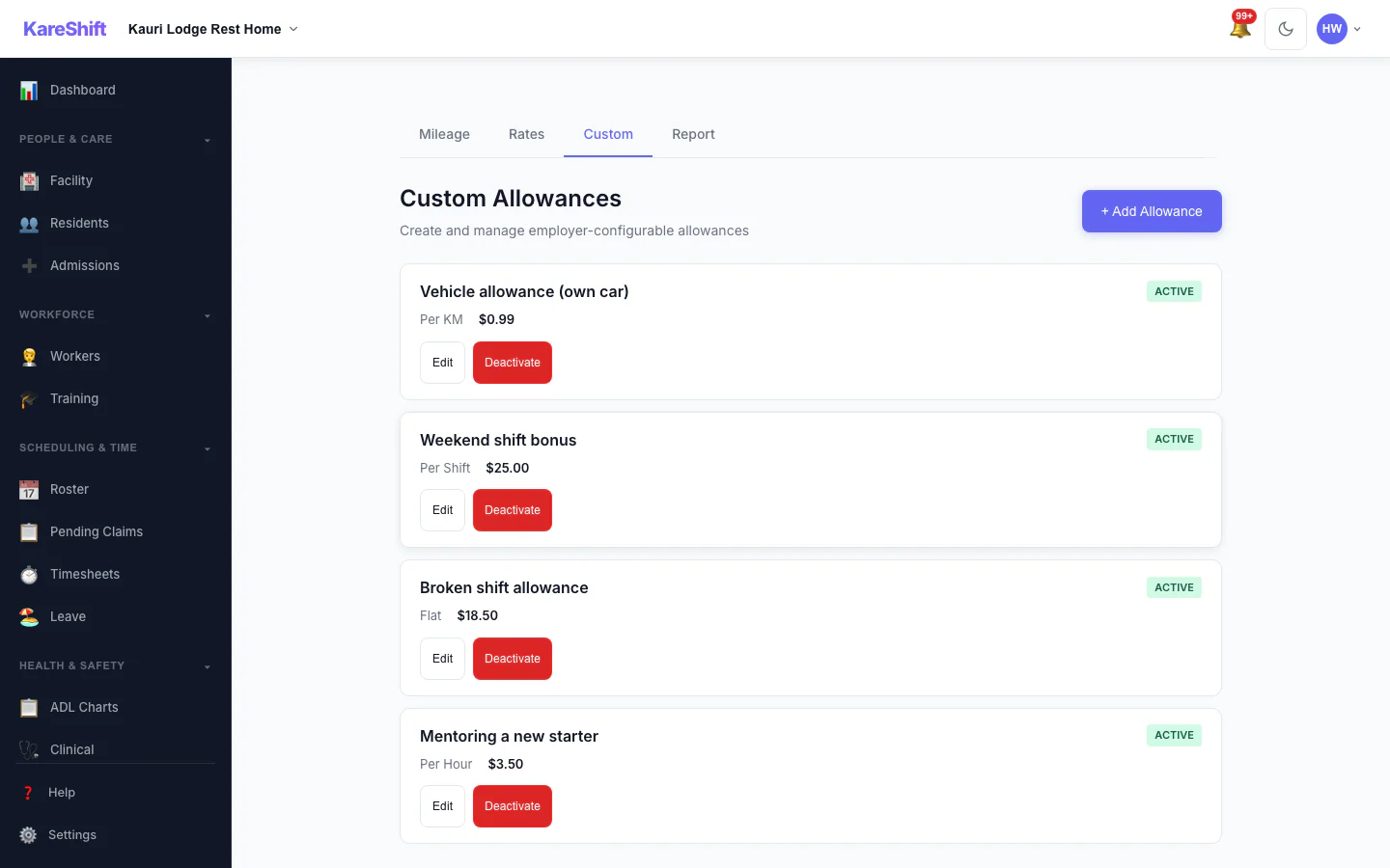 Custom Allowances: Create your own allowances beyond the standard ones, each with its own rate.