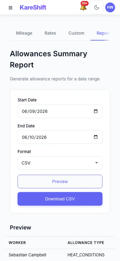 Allowances Report: Preview and export what was paid in allowances over a period, with a grand total. (mobile view)