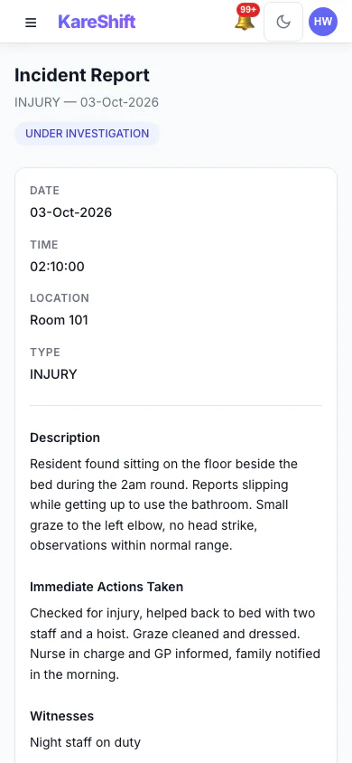 Incident Detail: An incident with its status, details and the update trail of who did what. (mobile view)