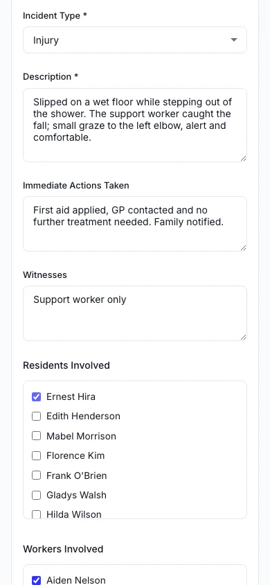 Report an Incident: Record what happened, who was involved and what was done straight away. (mobile view)
