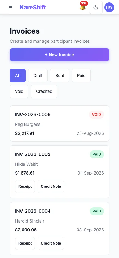 Invoices: Draft, sent, paid and voided invoices in one list, with PDF, receipt and credit note actions. (mobile view)