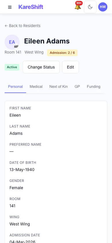 Resident Detail — profile, care plan, ADL charts and clinical observations — mobile view