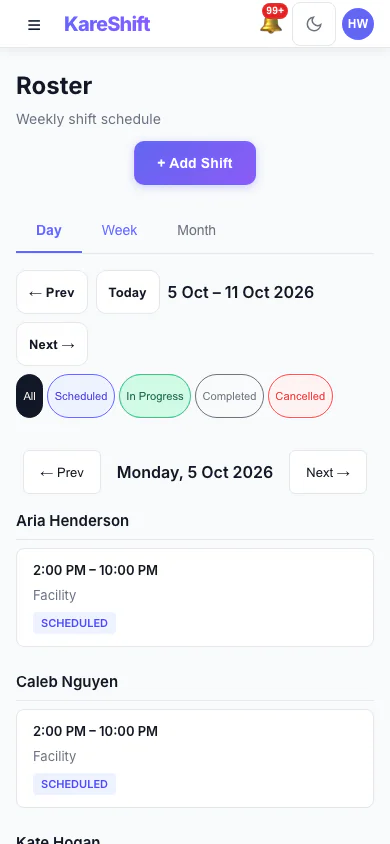 Roster — Day View: One day's shifts grouped by worker. (mobile view)