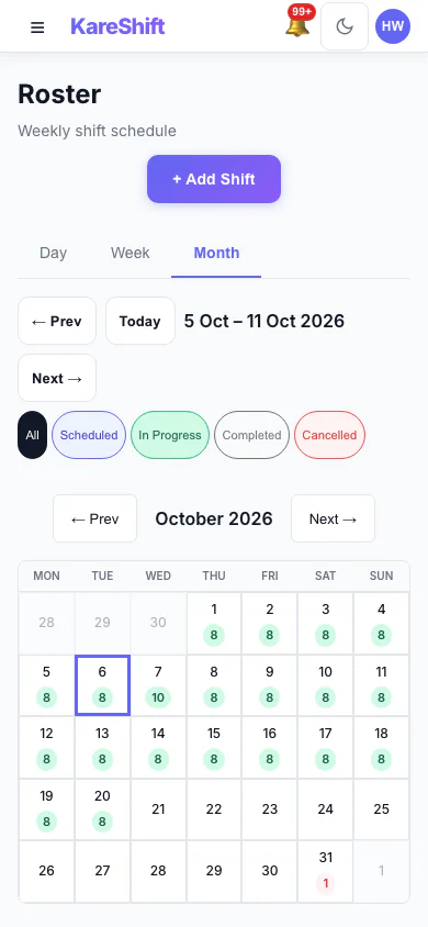 Roster — Month View: A month at a glance with shift counts for each day. (mobile view)