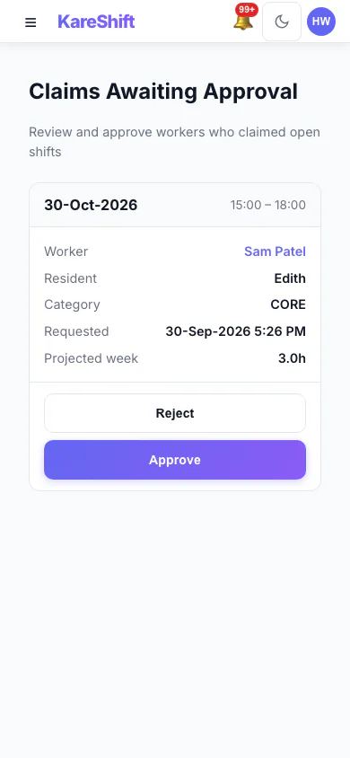 Claim Approval — coordinator reviews open-shift claims with projected weekly hours and an overtime warning — mobile view