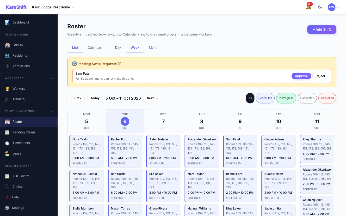 Shift Swap Requests: Pending swap requests with approve and reject.