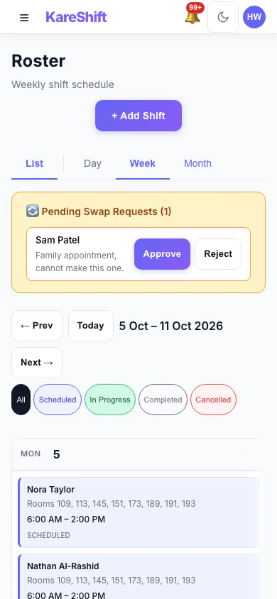 Shift Swap Requests: Pending swap requests with approve and reject. (mobile view)
