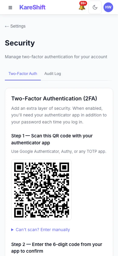 Set Up Two-Factor Authentication: Scan a code with an authenticator app, then enter the six-digit code to switch it on. (mobile view)