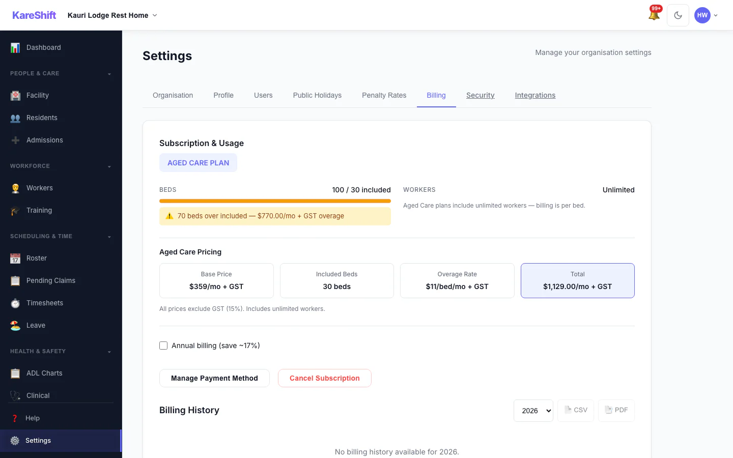 Billing and Plan: Your plan, worker usage and billing history.