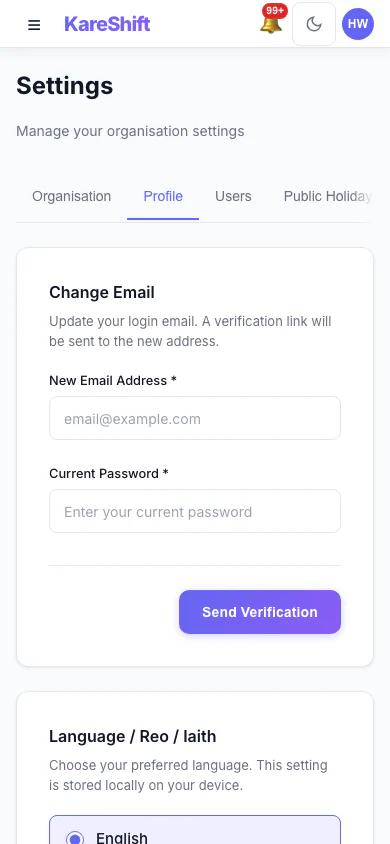 Your Profile Settings: Your login email and email notification choices. (mobile view)