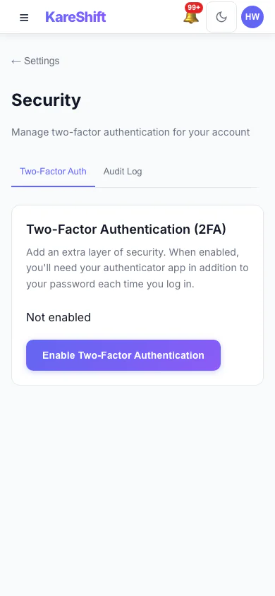 Security Settings: Two-factor status for your account, with trusted devices and an audit log for owners. (mobile view)