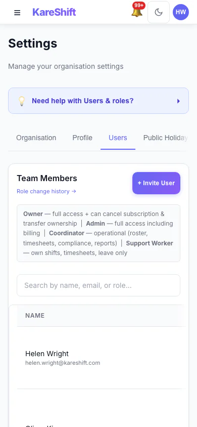 Team Members and Roles: Everyone in your organisation, their status and roles. (mobile view)