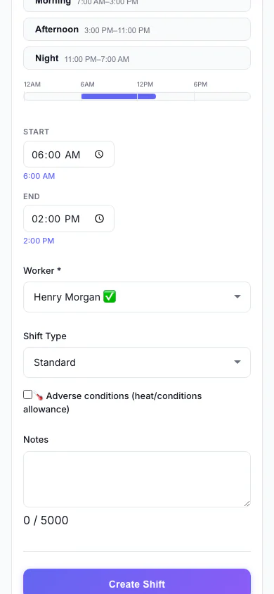 Add a Shift: Pick the person, date and times, and see suggested workers. (mobile view)