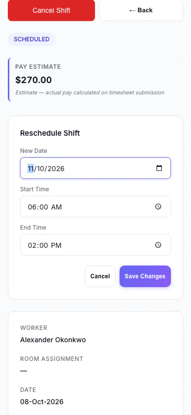 Reschedule a Shift: Move a shift to a new date and time. (mobile view)