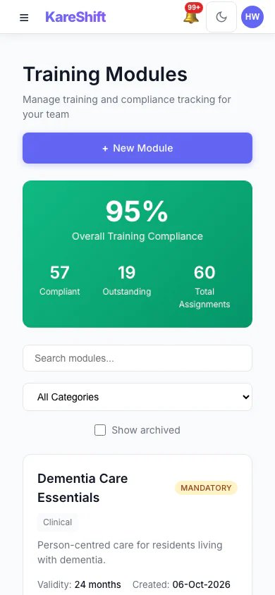 Training Modules: Mandatory and optional training, overall compliance and who is due. (mobile view)