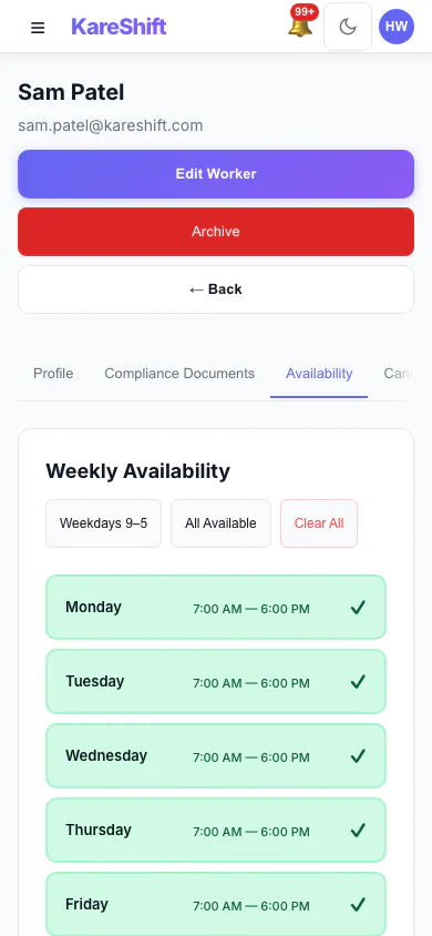 Worker Availability: A worker's weekly availability grid. (mobile view)