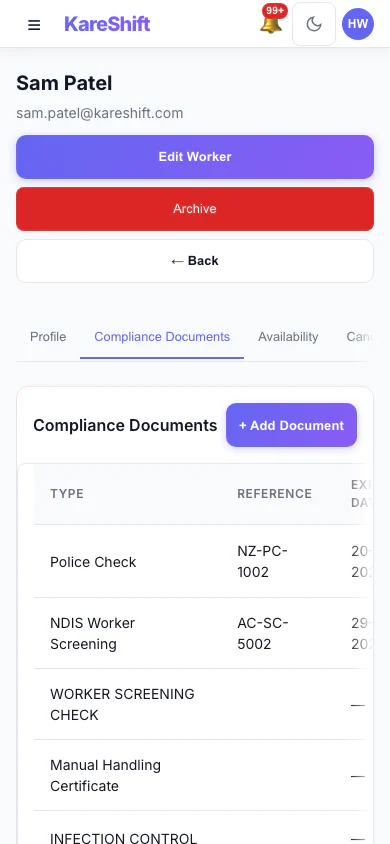 Worker Compliance — document tracking with expiry alerts — mobile view