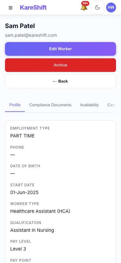 Worker Profile: A worker's profile and details. (mobile view)