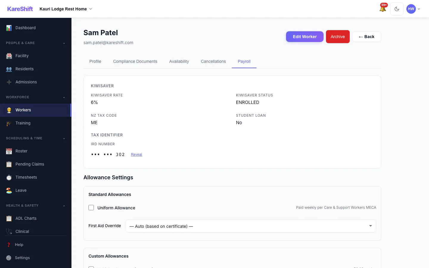Worker Payroll Details: Payroll details and allowance settings for a worker.